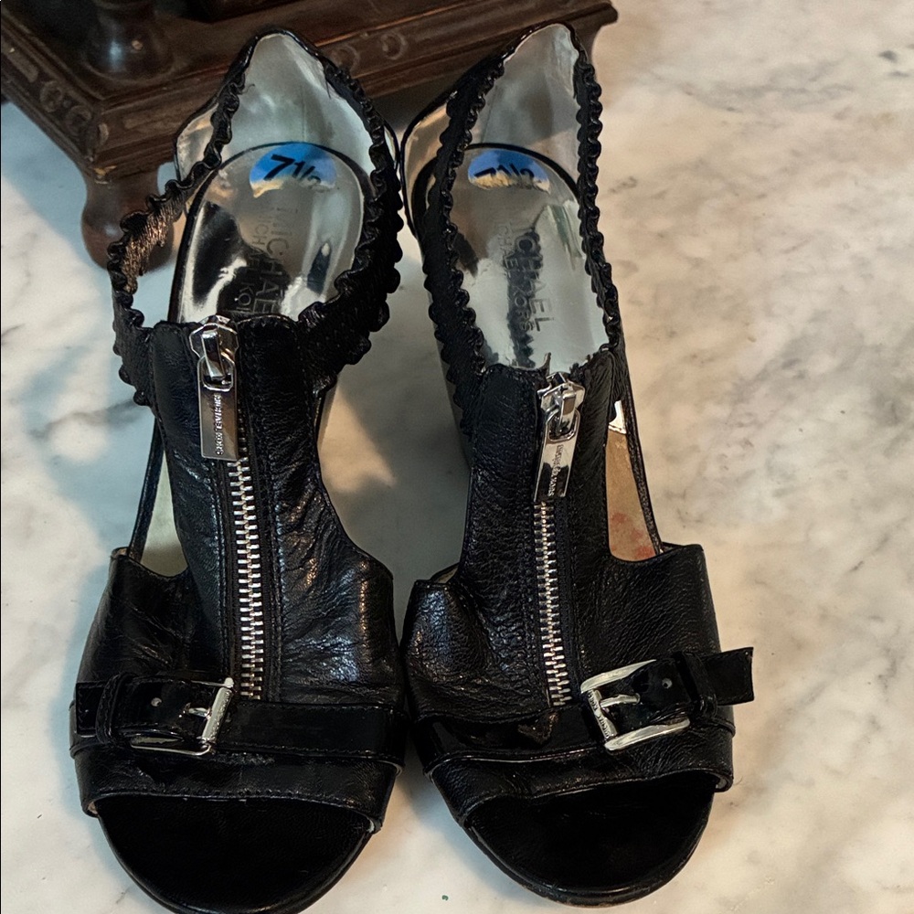 Michael Kors Black Leather Peep-Toe Heels with Front Zip